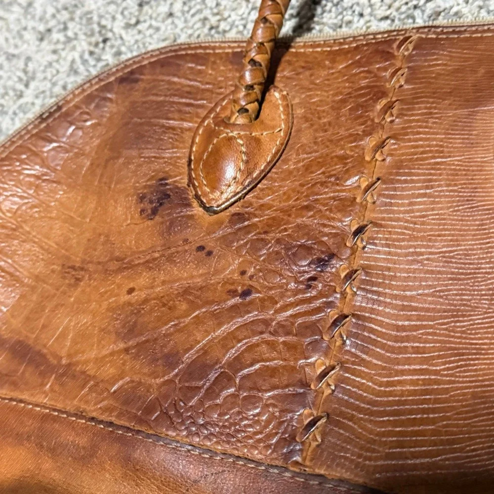 Vintage Fossil Brown Genuine Leather Croc Embossed Dome Handbag Braided Handles